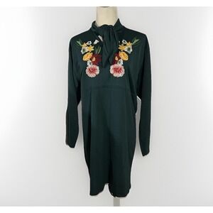 Zara Collection B‎ Green Floral Embroidered Long Sleeve Tie Neck Shift Dress Med
